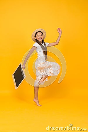 Hurry for summer shopping sales. happy small girl hold board. advertising and marketing. kid camp schedule for summer Stock Photo