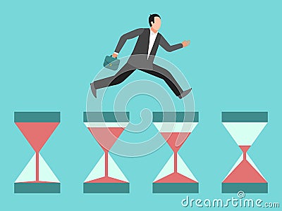 Hurrying business man runs on hourglasses illustration. Concept of time management, deadline or urgency. Businessman Vector Illustration