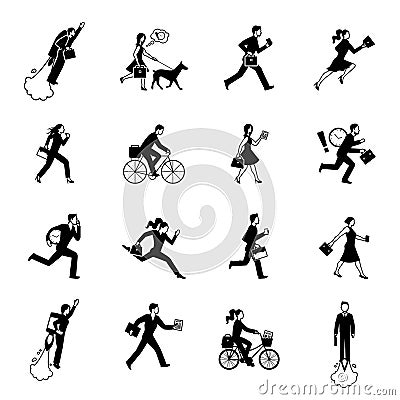 Hurrying Business People Monochrome Set Vector Illustration