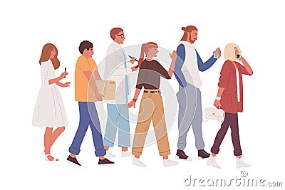 Hurrying busy people walking in rush and talking on phone, taking notes and working on the move. Modern fast lifestyle Vector Illustration