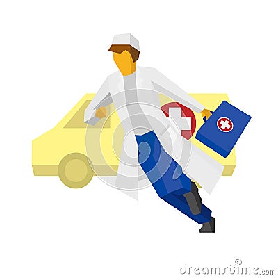 Hurrying doctor with ambulance car at the back Vector Illustration