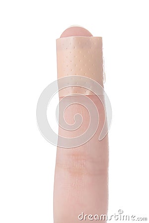 Hurt finger with a bandage Stock Photo