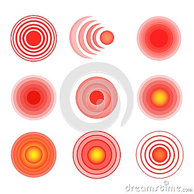 Hurt marker. Red radar circle symbol target pain in joints, sore mark drugs painfully point health spine neck paining Vector Illustration