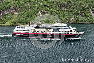 Hurtigruten coastal vessel TROLLFJORD in the Geirangerfjord, Norway Editorial Stock Photo