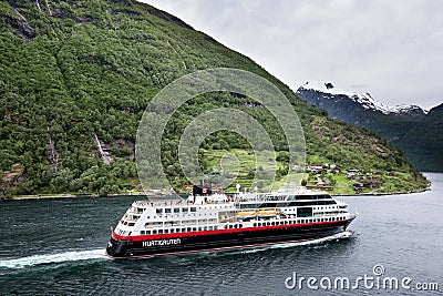 Hurtigruten coastal vessel TROLLFJORD in the Geirangerfjord, Norway Editorial Stock Photo