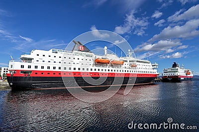 Hurtigruten coastal vessels KONG HARALD and NORDLYS in Trondheim Editorial Stock Photo