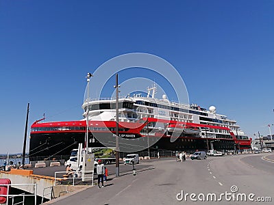 Hurtigruten Fridtjof Nansen cruise ship at Oslo harbor in the sun Editorial Stock Photo