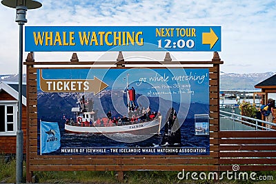 Husavik, Iceland - July, 2008: Whale watching ad Editorial Stock Photo