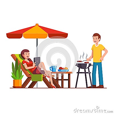 Husband doing barbecue, wife lying on lounger Vector Illustration