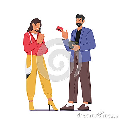 Husband Or Friend Gives Credit Card To His Wife Or Girlfriend.a Man Paying Money To Woman. Characters Relations Vector Illustration
