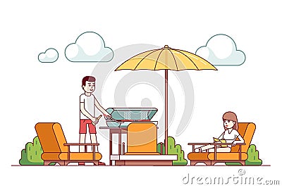 Husband grilling outdoors, wife lying on lounger Vector Illustration