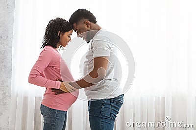 Husband and pregnant wife cuddling next to window at home Stock Photo
