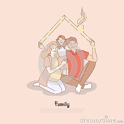 Husband, pregnant wife and daughter, father holding roof, togetherness metaphor, young family housing program banner Vector Illustration
