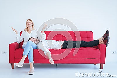 Husband snore with wife conflict and boring couple in the living room at house,Negative emotion Stock Photo