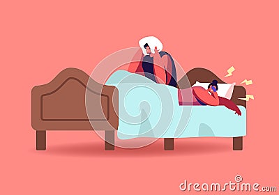 Husband Suffering of Sleeping Wife Snoring. Female Character Snore at Night Sleep. Breathing Disease, Noise Pollution Vector Illustration