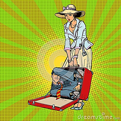 Husband in suitcase. Woman traveler Vector Illustration