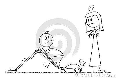 Husband Using Vacuum Cleaner, Angry Wife is Watching Him , Vector Cartoon Stick Figure Illustration Vector Illustration