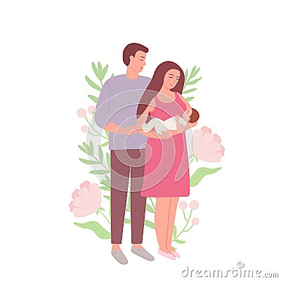 Husband and wife with a baby. A happy young family on a background of leaves and flowers. The concept of happiness, care Vector Illustration