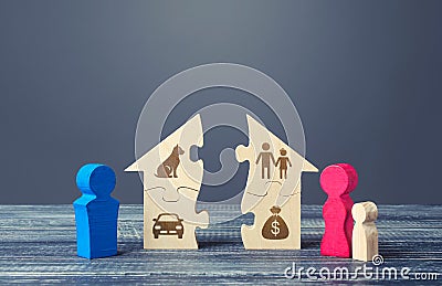 Husband and wife with a child divide a house in a divorce process. Fair marital property division Agreement. Protection interests Stock Photo