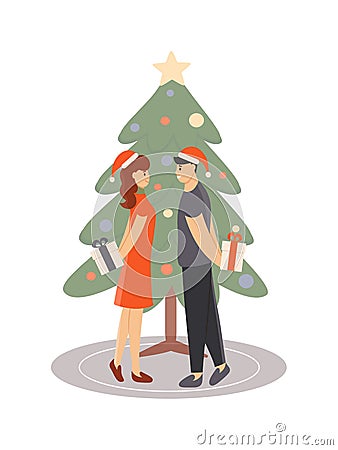 Husband and wife exchange Christmas gift near xmas tree Vector Illustration