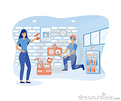 Husband and wife make repairs and change wallpaper. flat vector modern Vector Illustration
