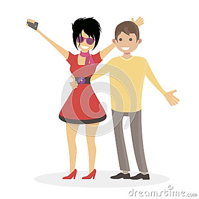 Husband and wife are photographed. A woman and a man make a selfie. Family clubbers. Characters people vector flat illustration. Vector Illustration