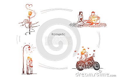 Husband and wife on picnic, man playing guitar, girlfriend and boyfriend on date, dating banner Vector Illustration