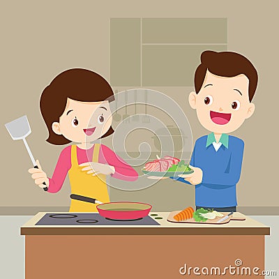 Husband and wife are preparing together Vector Illustration