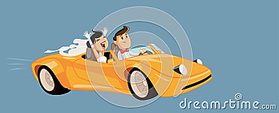 Happy Married Couple Going on Honeymoon by Car Vector Cartoon Vector Illustration