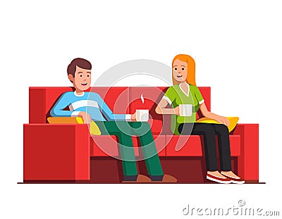 Husband and wife siting on sofa drinking tea Vector Illustration