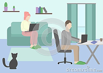 The family stays at home working on computers. Vector Illustration