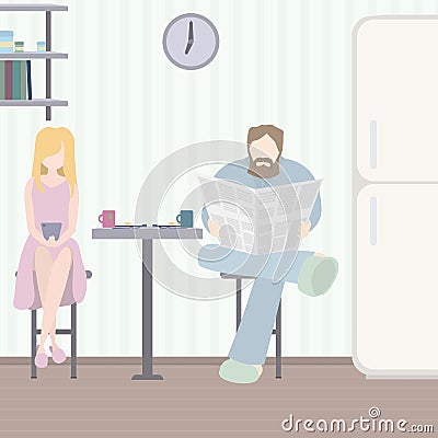 Husband and wife watching the morning news. Vector Illustration