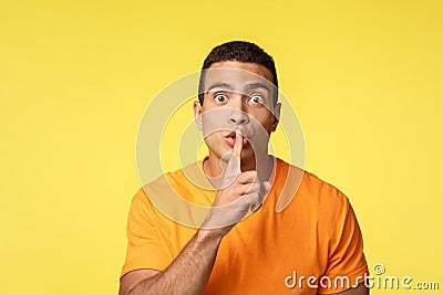 Hush dont say anyone. Handsome man have secret asking swear not tell anyone, prepare surprise new year party for Stock Photo