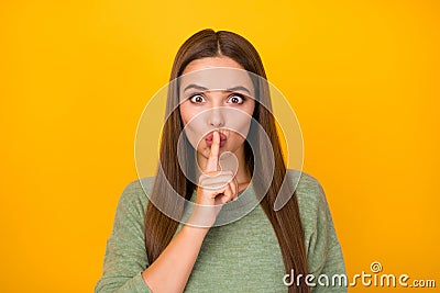 Hush keep secret. Funny funky youth girl put index finger lips ask dont share private novelty wear style stylish trendy Stock Photo