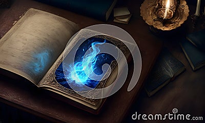 Arcane Book Emitting Blue Magic Stock Photo