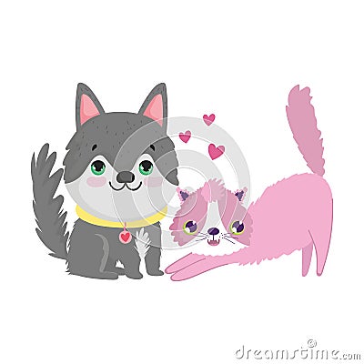 Husky dog and cat canine feline cartoon lovely pets Vector Illustration