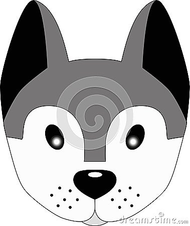 Husky dog. Cute face of a gray dog with big ears. Dog head illustration for children. Pretty puppy. Vector Illustration