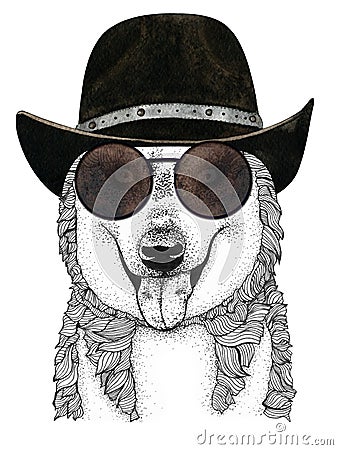 Husky dog head hand drawn illustration. animal with glasses and a hat Cartoon Illustration