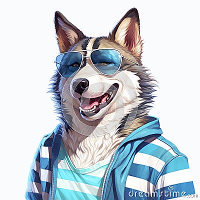 Charming Husky Dog In Sunglasses - Digital Painting Illustration Cartoon Illustration