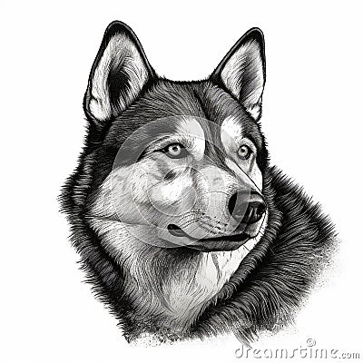 Husky, engraving style, close-up portrait, black and white drawing, cute hunting dog, Stock Photo