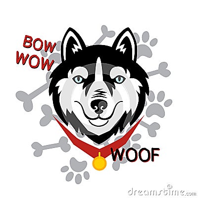 Husky head dog woof, bone, paw vector design Stock Photo