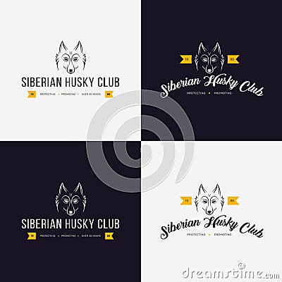 Husky head flat logo set. Set of vintage logo and logotype elements for pet shop, pet house, pet and exotic animals clinic. Stock Photo