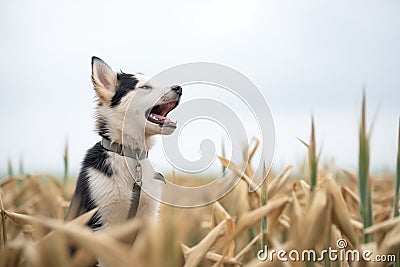 husky mix howling in the open farmland Stock Photo
