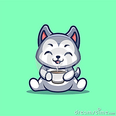 Husky Sitting Drink Coffee Cute Creative Kawaii Cartoon Mascot Logo Stock Photo