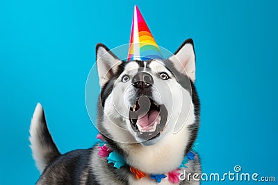 husky wearing a party hut and barking Stock Photo