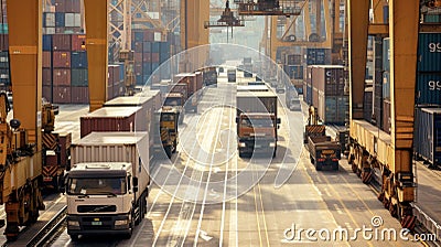 The hustle and bustle of a port terminal with trucks and workers moving swiftly to keep up with the constant flow of Stock Photo