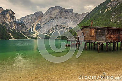 Hut on Braies Lake in Dolomiti mountains and Seeko Stock Photo