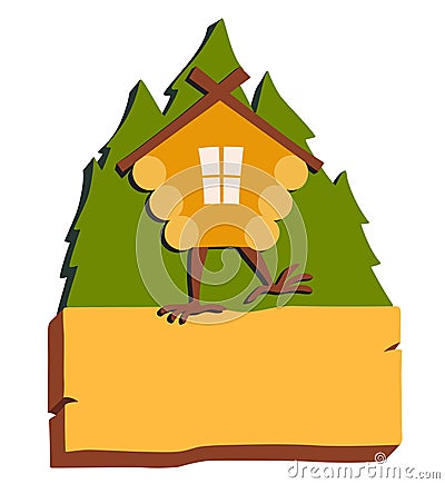 Hut in forest vector logo. Cartoon old house on chicken legs with window, baba yaga home Vector Illustration