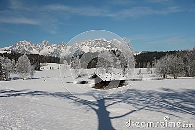 Hut with reflection of tree in snow, Kitzbuhel Stock Photo