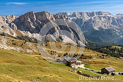 Huts on Seceda mountain, South Tyrol Stock Photo